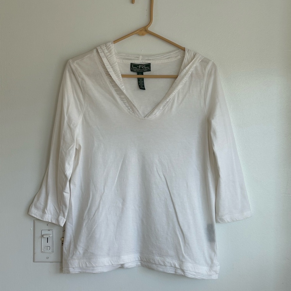Vintage LRL White Hooded Top Casual 3/4 Sleeve 2000s Large Basic Comfy - Picture 2 of 6
